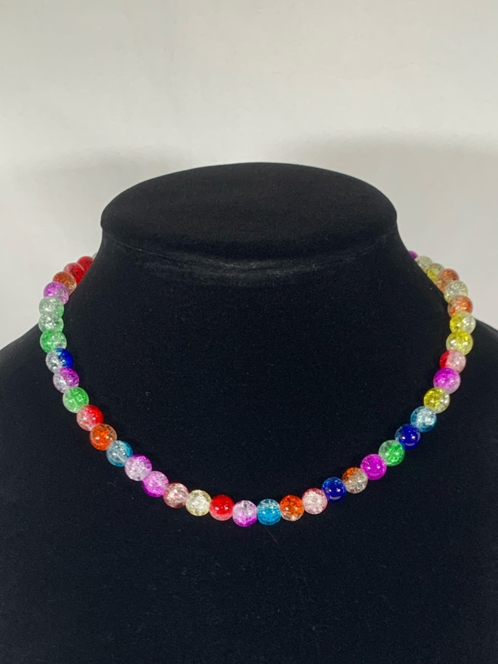 Carnival Rainbow Glass Crackle Bead Gold Tone Necklace 16.5” - Picture 2 of 11